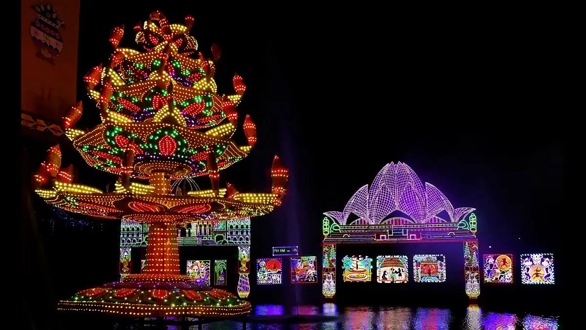 Durga Puja pandal illuminations use multi-coloured bulbs on wires to create moving images of animals
