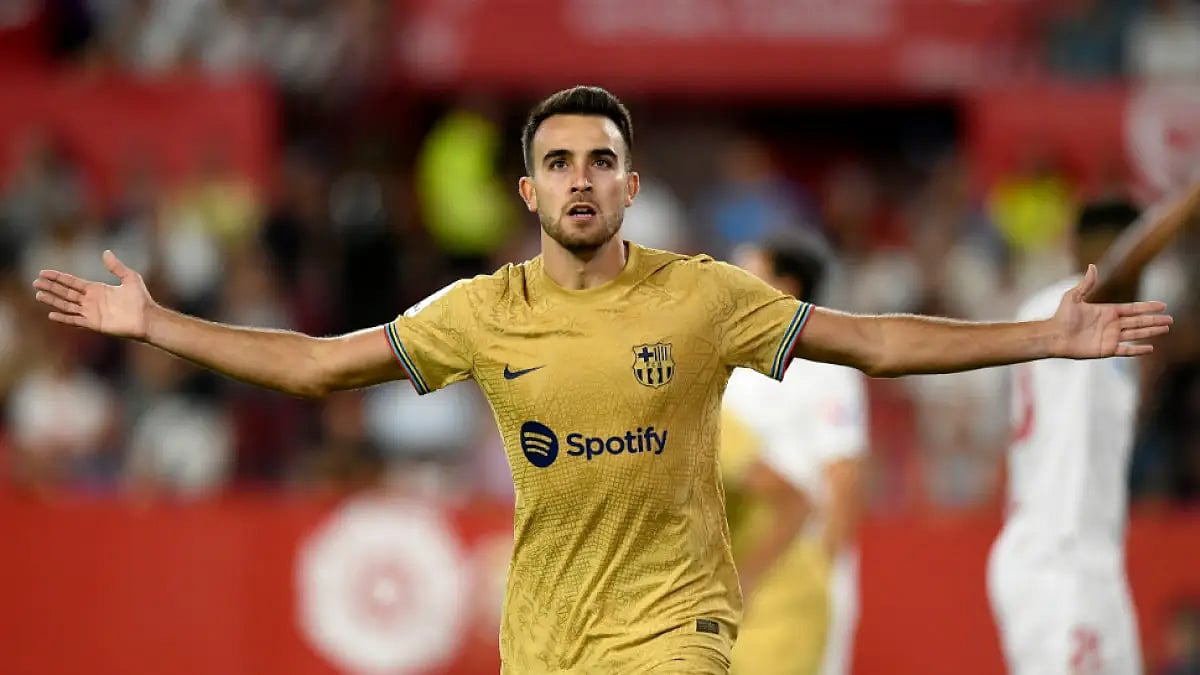 Barcelona's Eric Garcia celebrates after scoring against Sevilla in La Liga 2022-23. 