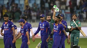 India and Pakistan cricketers after the end of their Asia Cup 2022, Super Four match in Dubai.