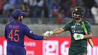 Rohit Sharma congratulates Pakistan's Khushdil Shah after last year's Asia Cup encounter between the two teams.
