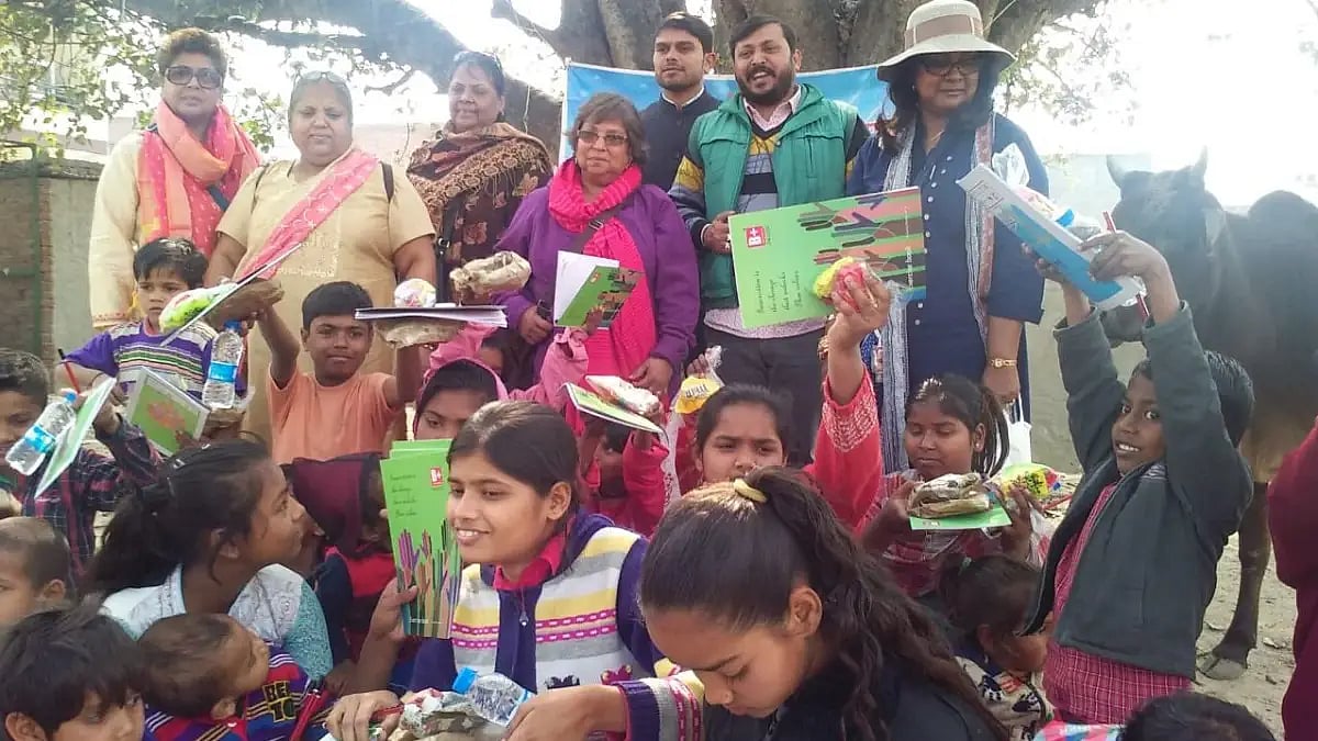 Mahesh Chandra Deva with his 'Chabutra Theatre Pathshala' students
