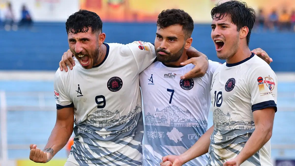 Rajasthan United FC players celebrate their win over Indian Navy in Durand Cup 2022. 