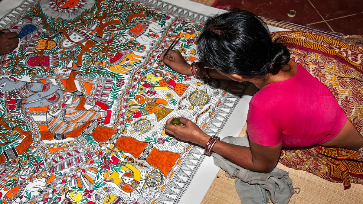 A Madhubani folk artist at work in Bihar
