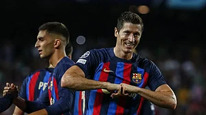 Barcelona's Robert Lewandowski celebrates a goal against Viktoria Plzen.