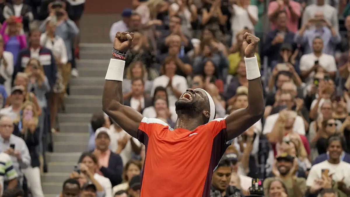 Frances Tiafoe reacts after defeating Andrey Rublev.