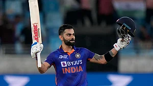Virat Kohli celebrates his century against Afghanistan on Thursday in Asia Cup 2022.