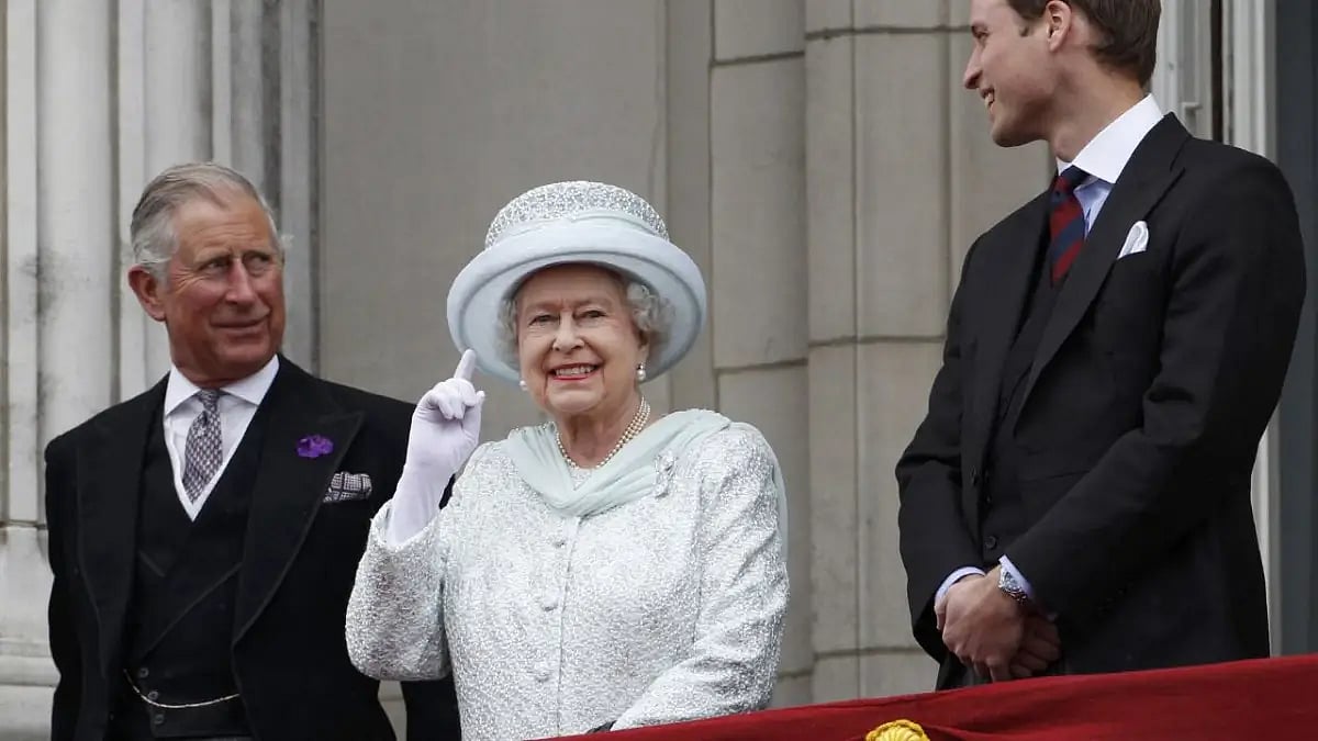 Queen Elizabeth II with Prince Charles (left) and Harry. The Queen passed away in Scotland on Septem