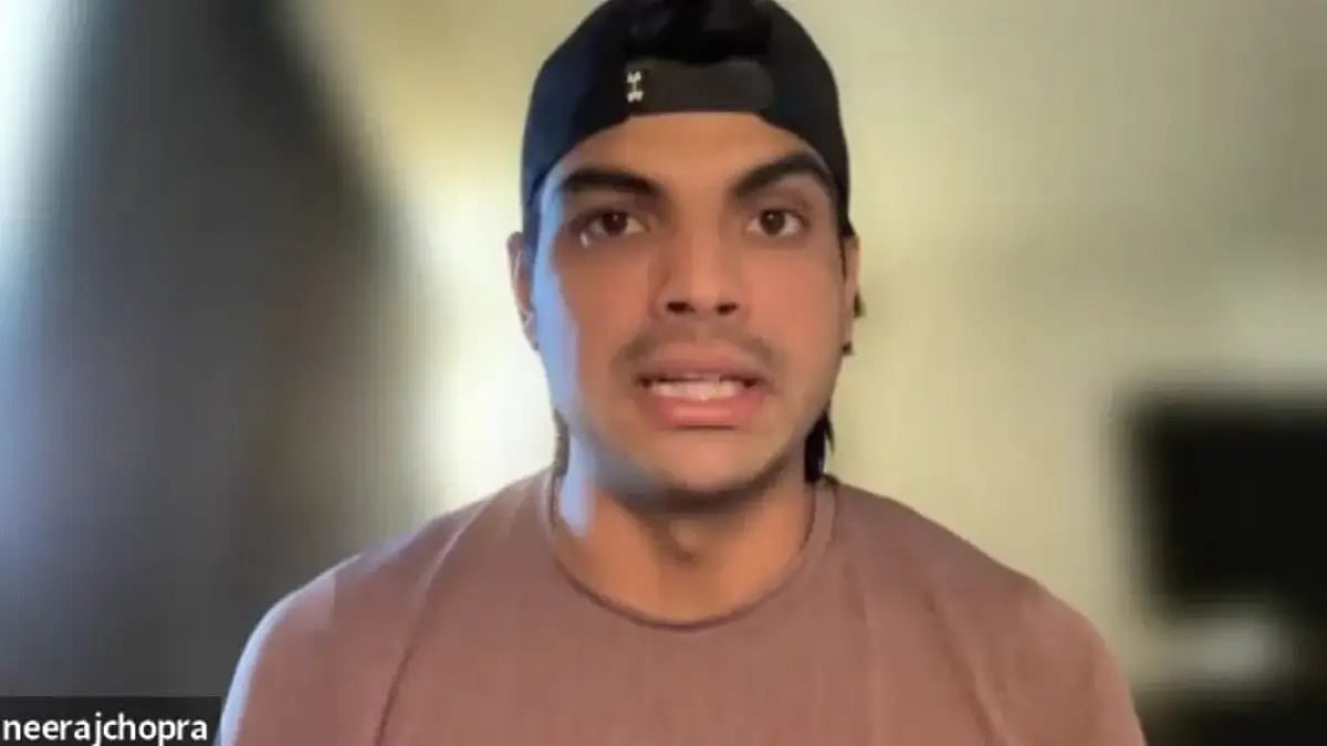 Neeraj Chopra makes a point during a virtual press conference from Zurich on Friday.
