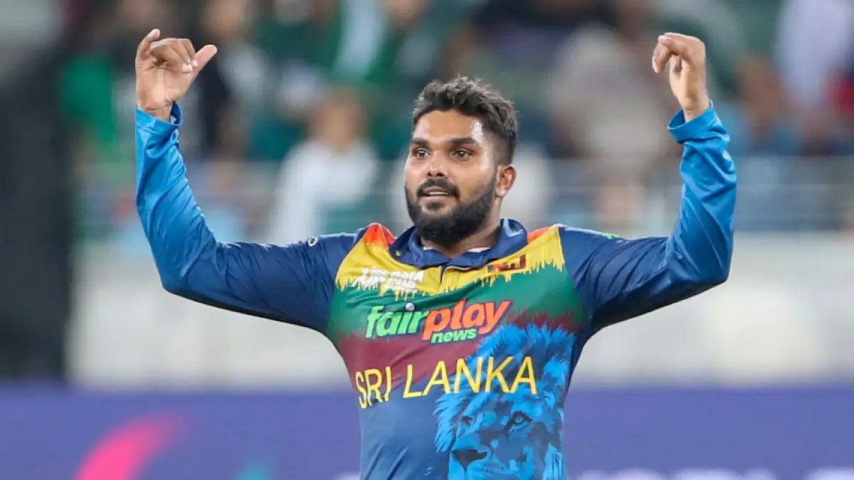 Wanindu Hasaranga celebrates one his wickets against Pakistan in Asia Cup 2022.