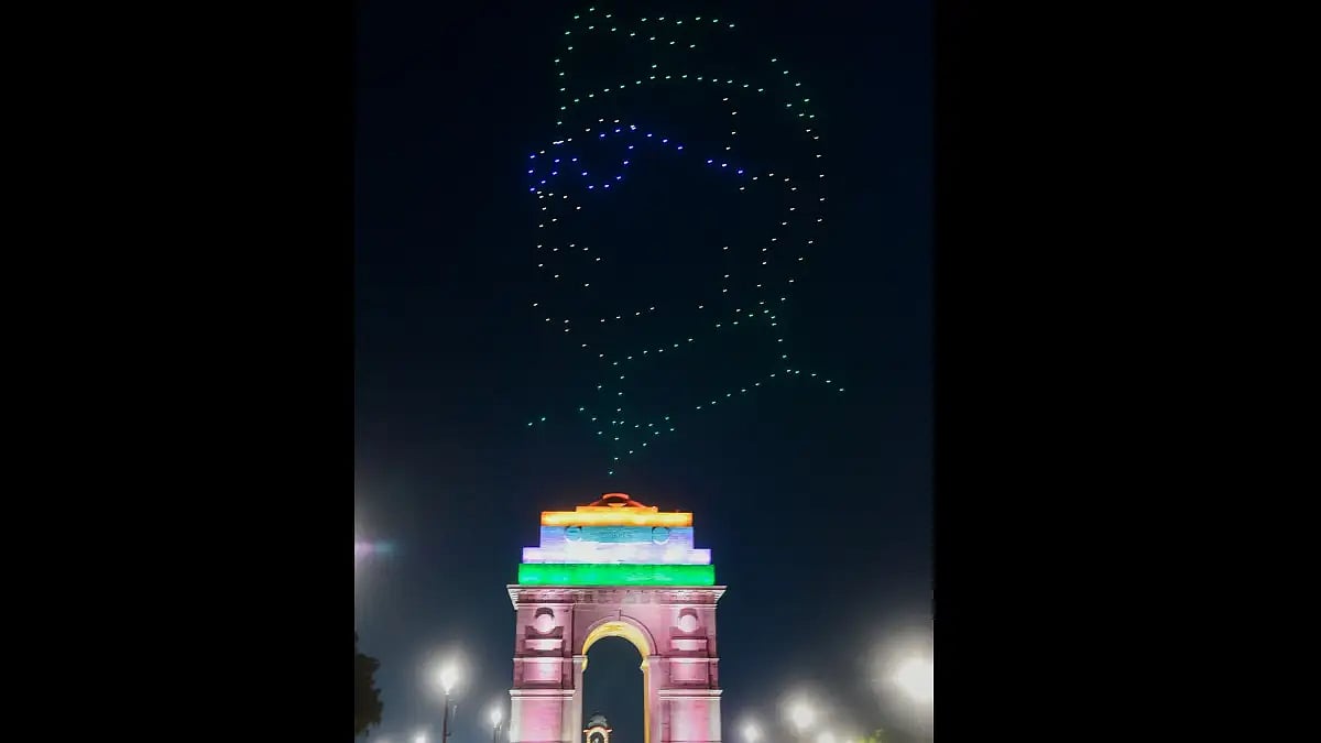 Drone show projecting portrait of Netaji Subhas Chandra Bose at India Gate