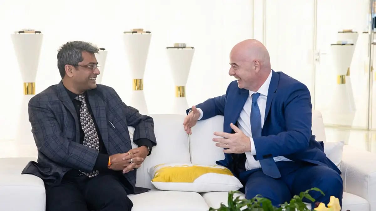 Kalyan Chaubey and Gianni Infantino during their meeting in Doha.