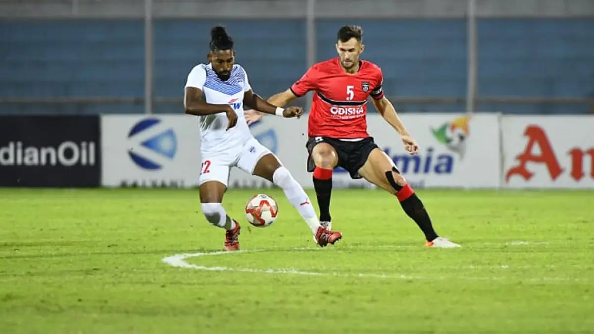 Roy Krishna in tussle for a ball with an Odisha FC player during their Durand Cup 2022 match.  