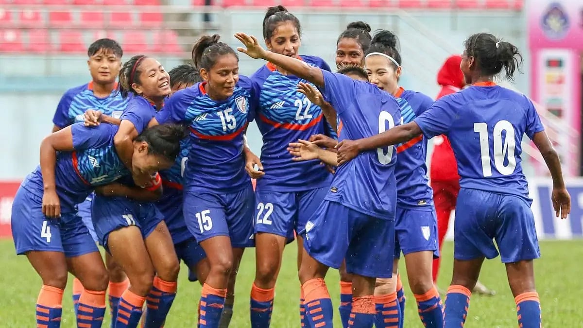 Indian players celebrate one of their nine goals against Maldives in SAFF Women's Championship.