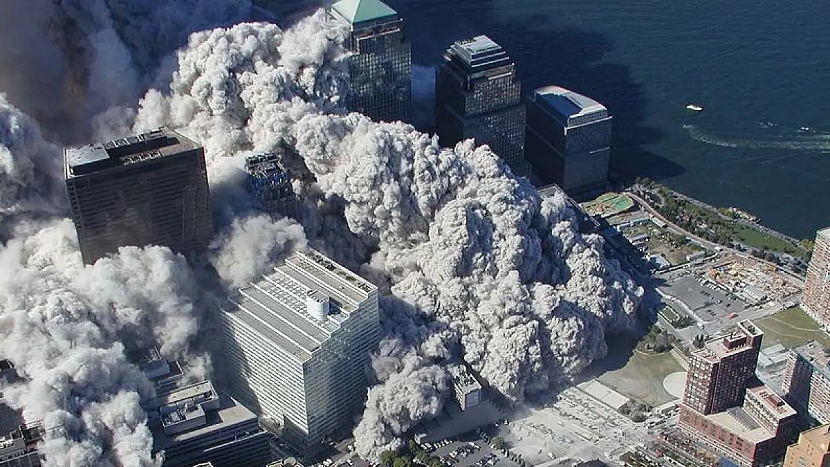 Aerial view of New York after 9/11 attacks on World Trade Centre twin towers