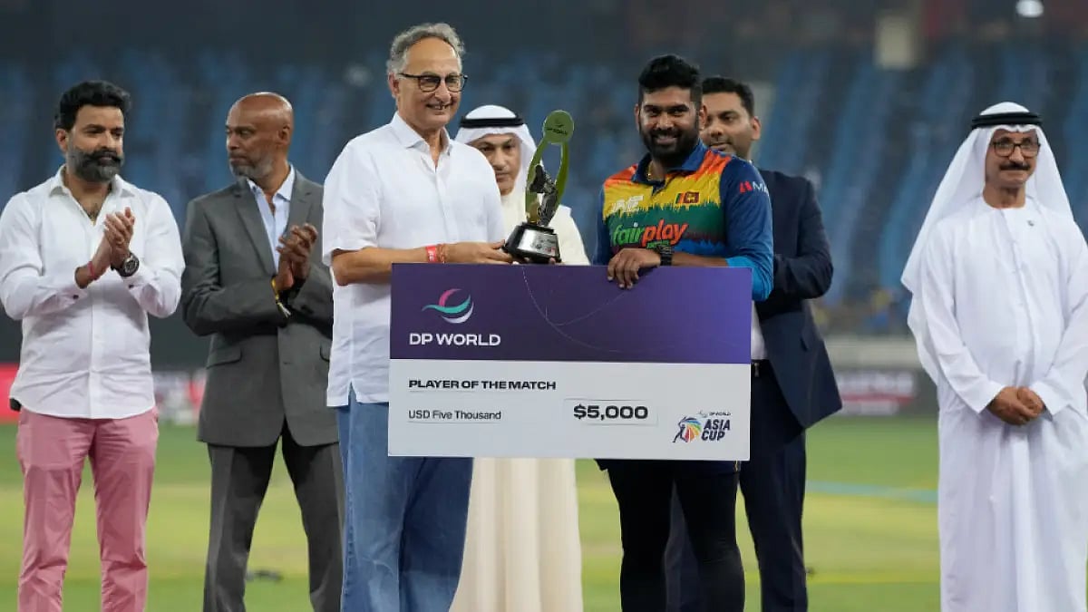 Sri Lanka's Bhanuka Rajapaksa receives the player of the match award after the Asia Cup 2022 final.