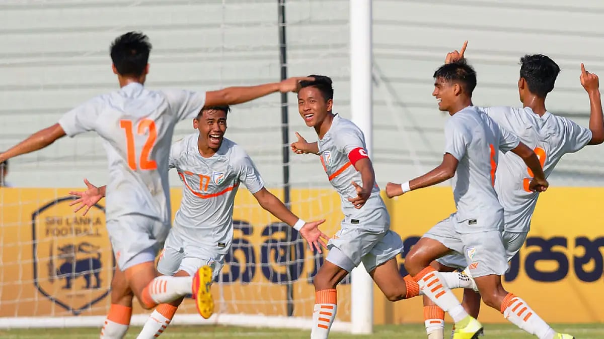 India players celebrate a Thanglalsoun Gangte goal against Bangladesh.