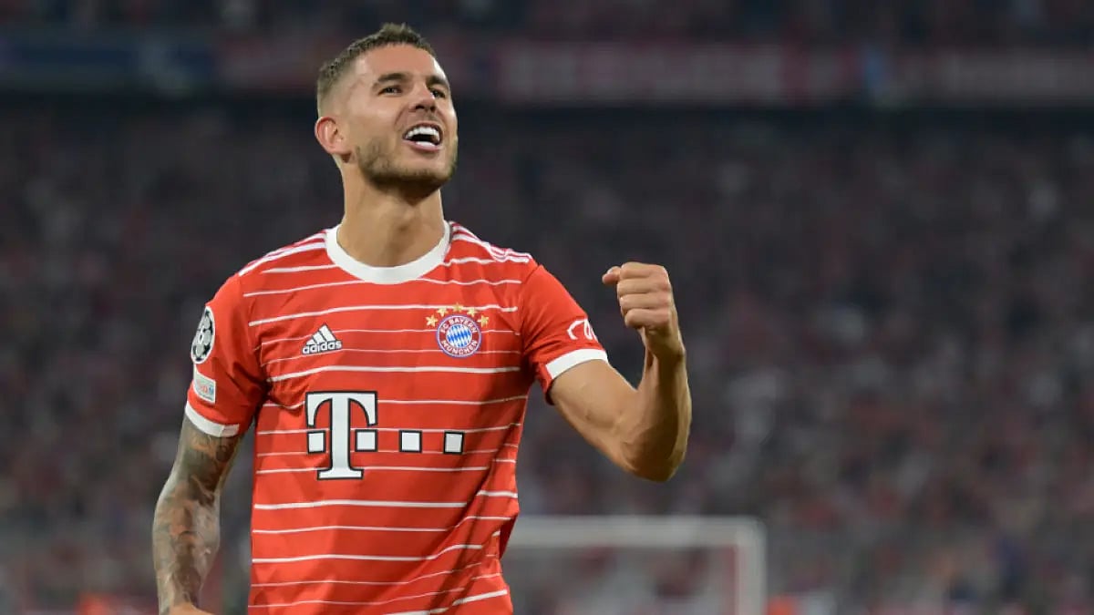 Bayern Munich's Lucas Hernandez celebrates after scoring against Barcelona in UCL.