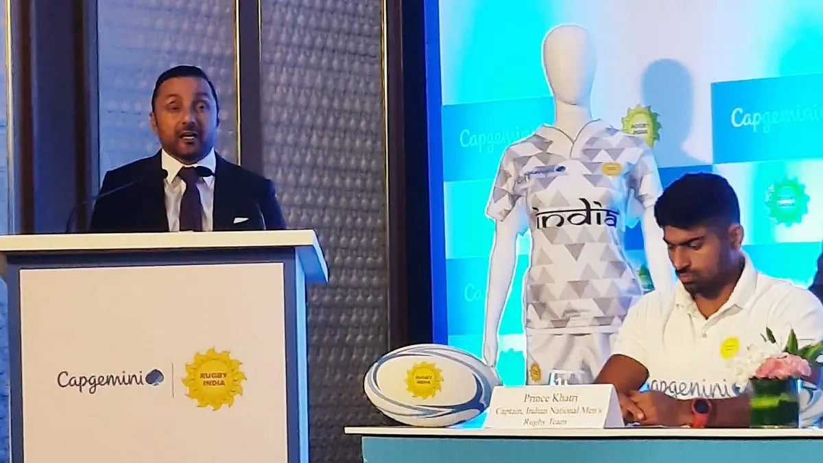 Rugby India president Rahul Bose announces a partnership with Capgemini in Mumbai on September 14.