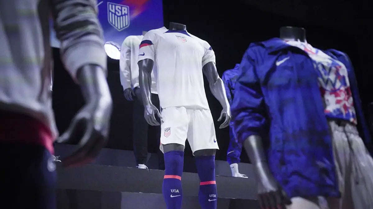 A new uniform, center, for the US men's World Cup team is displayed by Nike in New York.