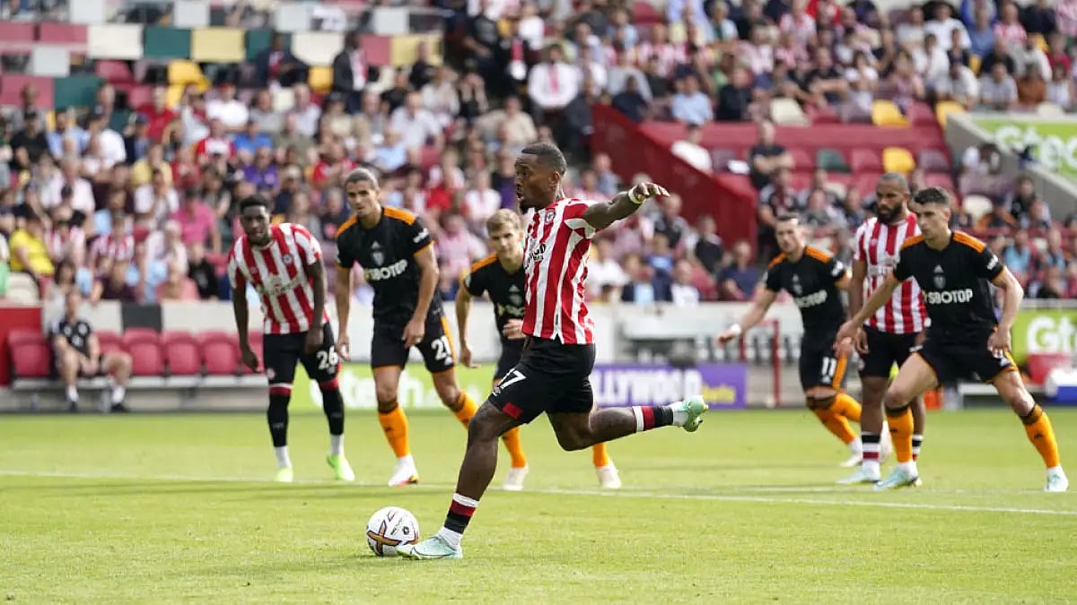 Brentford's Ivan Toney scores from the spot against Leeds United.