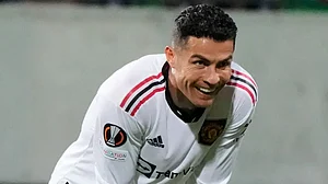 Manchester United's Cristiano Ronaldo smiles during the UEFA Europa League game vs Sheriff Tiraspol.
