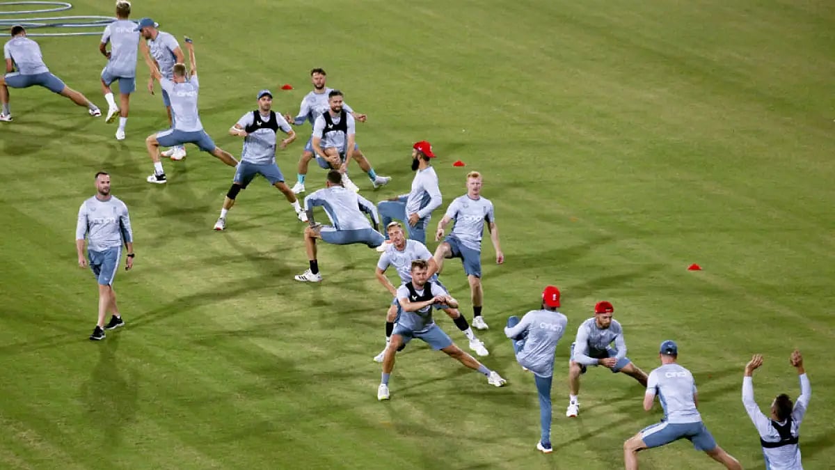 England cricketers warm up during a training session in Karachi, Sept. 16, 2022.