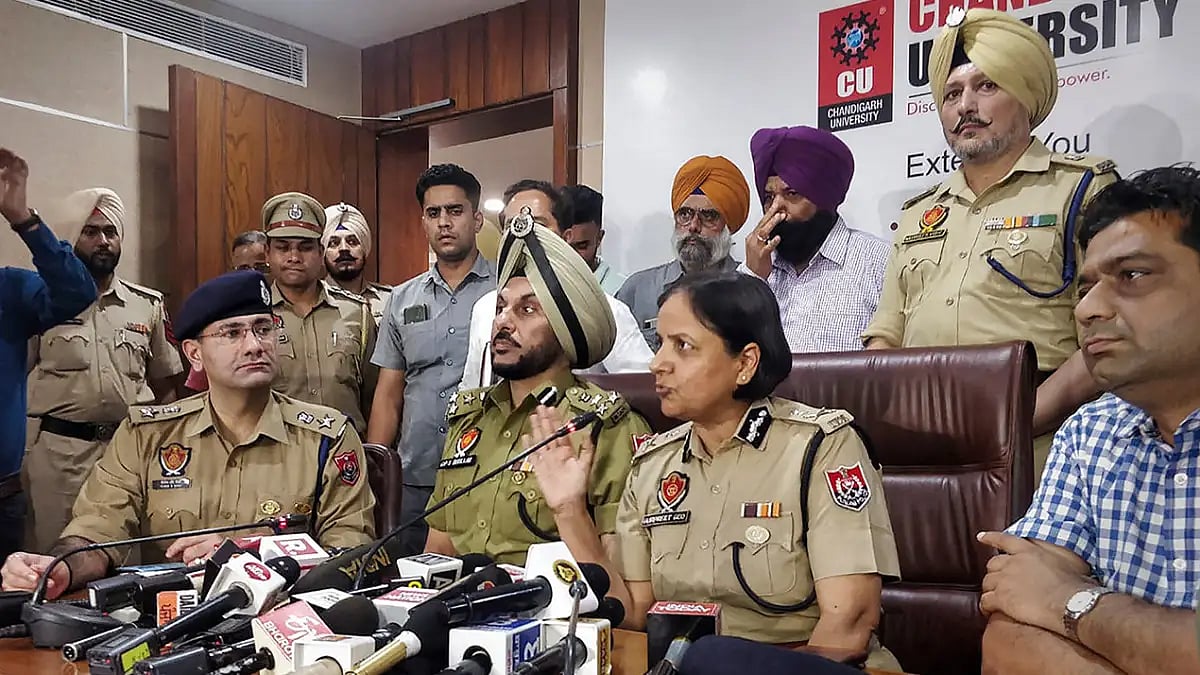 Police officers addressing the media over the Chandigarh University incident 