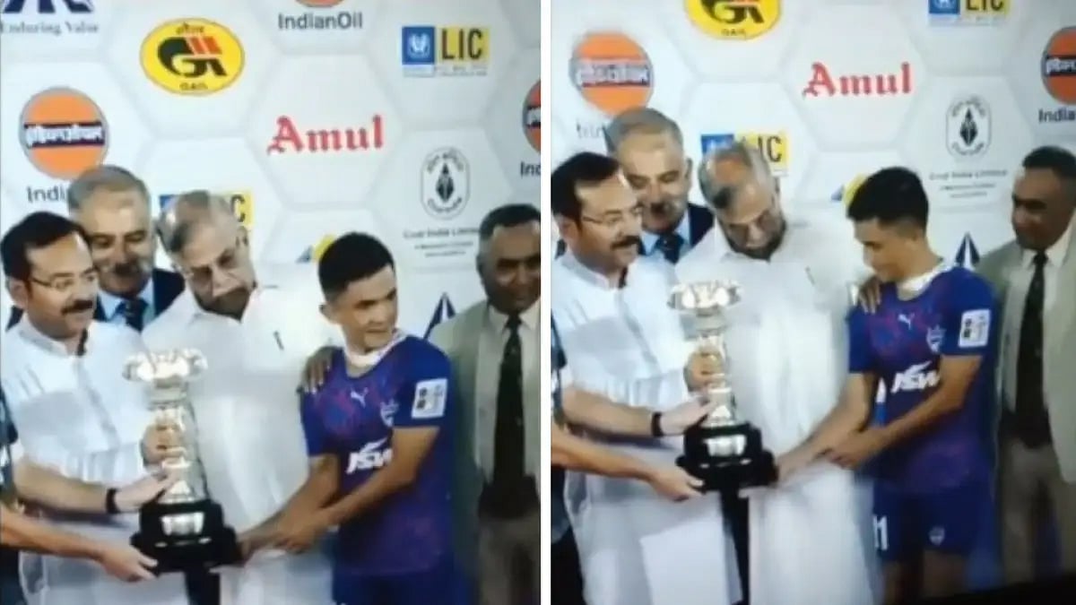 A collage of screengrabs shows La. Ganesan pushing Sunil Chhetri at the Durand Cup award ceremony.