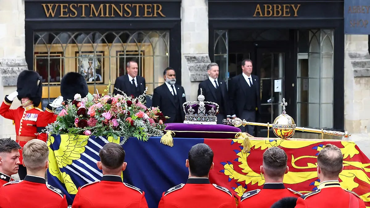 The coffin of Britain's Queen Elizabeth II is being carried during her funeral in London
