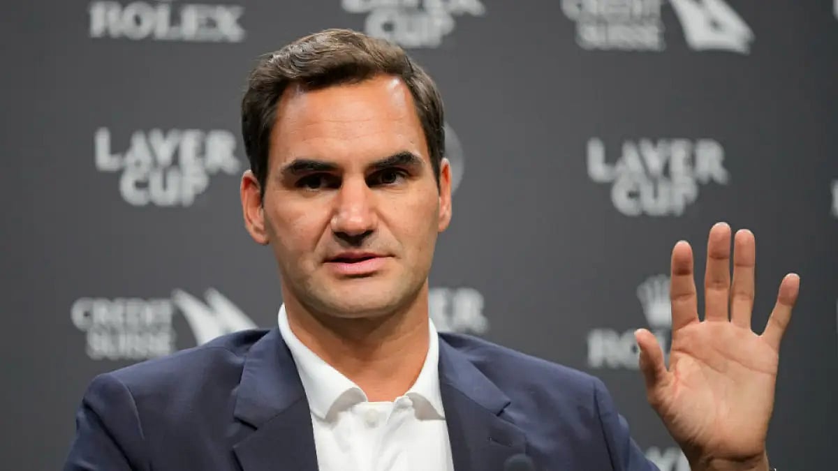Roger Federer gestures during a media conference ahead of the Laver Cup on Wednesday.