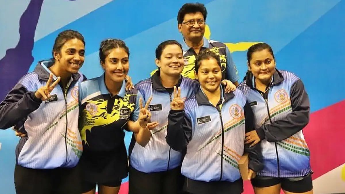 West Bengal women rejoice after winning the table tennis gold medal at National Games 2022. 