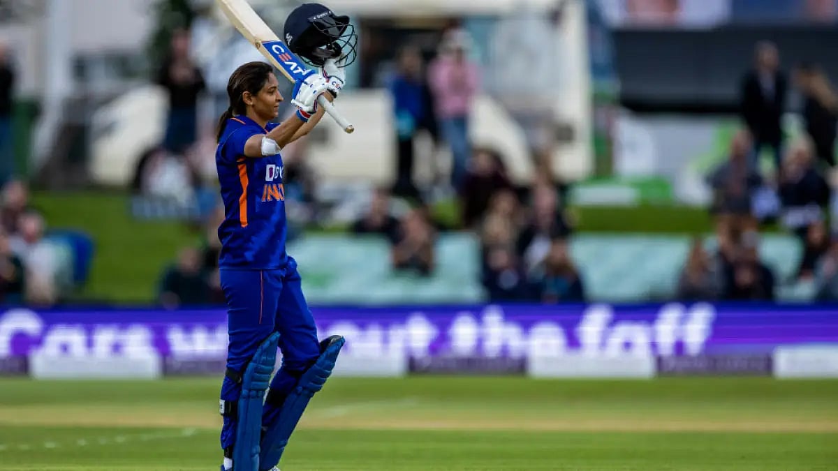 Harmanpreet Kaur celebrates her century against England in the 2nd women's ODI on Wednesday. 