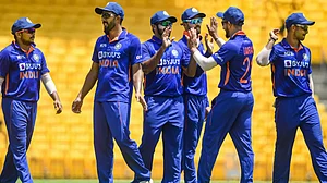 India A players celebrate the fall of a New Zealand A wicket in the first unofficial ODI.