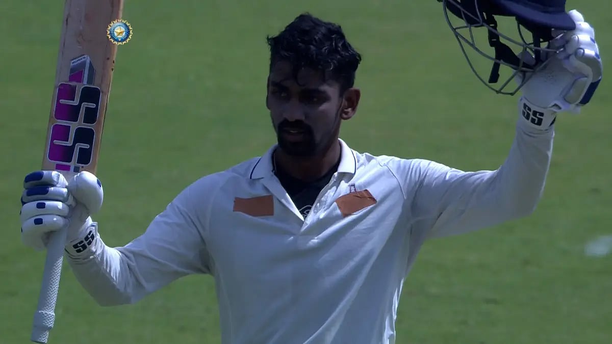 Baba Indrajith celebrates after completing his century against West Zone in Duleep Trophy 2022 final