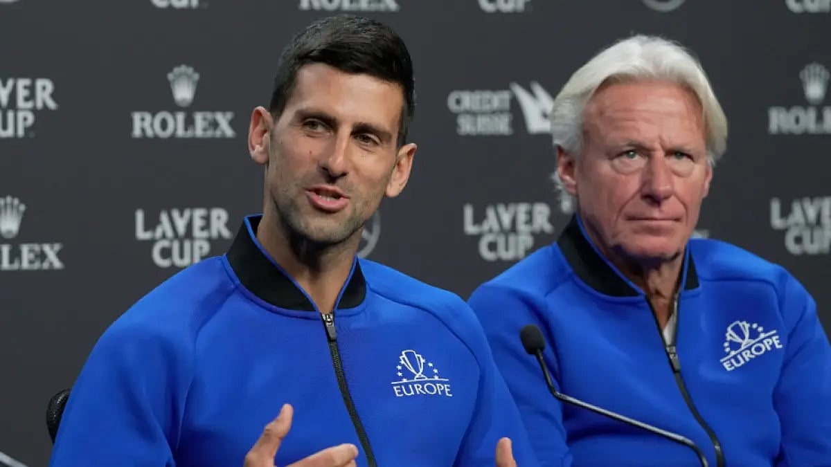 Novak Djokovic speaks to the media during Laver Cup press conference.  