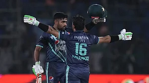 Pakistan's Babar Azam and Mohammed Rizwan during their second T20I against England.