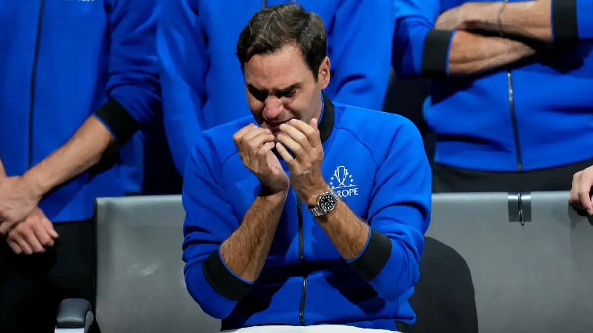 An emotional Roger Federer of Team Europe after his Laver Cup doubles match at the O2 arena.