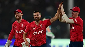 England players celebrate the fall of a Pakistan wicket in the third T20I on Friday.