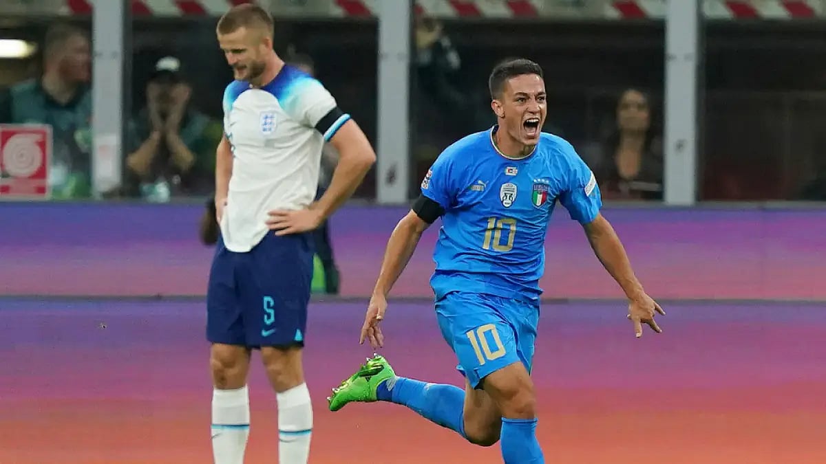 Italy's Giacomo Raspadori celebrates after scoring against England in UEFA Nations League.