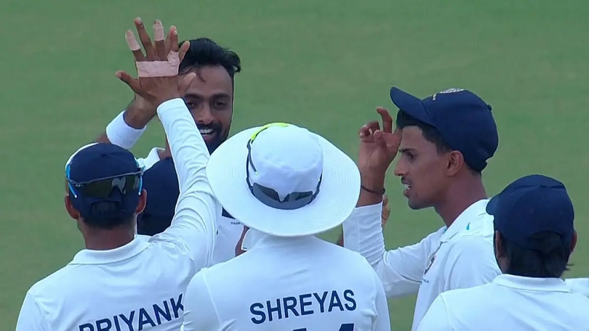 West Zone's Jaydev Unadkat celebrates a South Zone wicket.