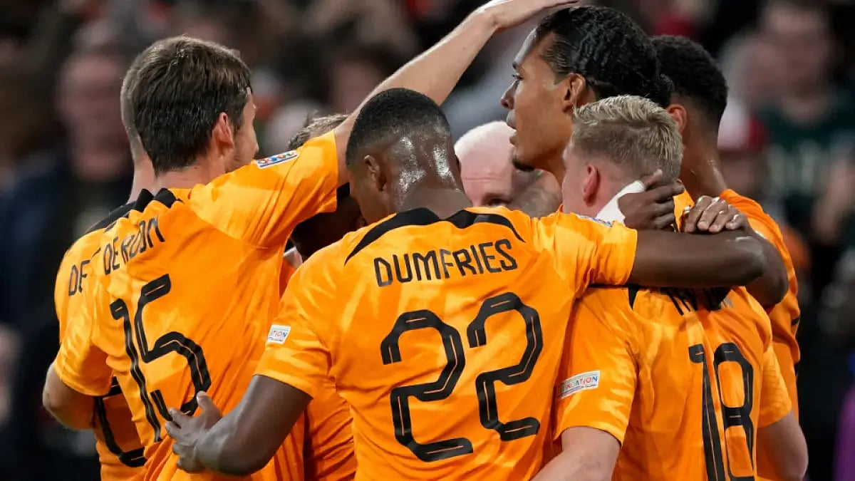Netherlands players celebrate after scoring against Belgium in UEFA Nations League.