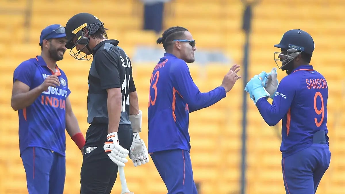 India A players celebrate after dismissing a New Zealand A batter in the second unofficial ODI.
