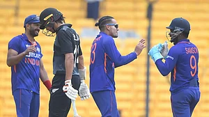 India A players celebrate after dismissing a New Zealand A batter in the second unofficial ODI.