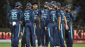 Pakistan players celebrate after beating England in the fourth T20I on Sunday.
