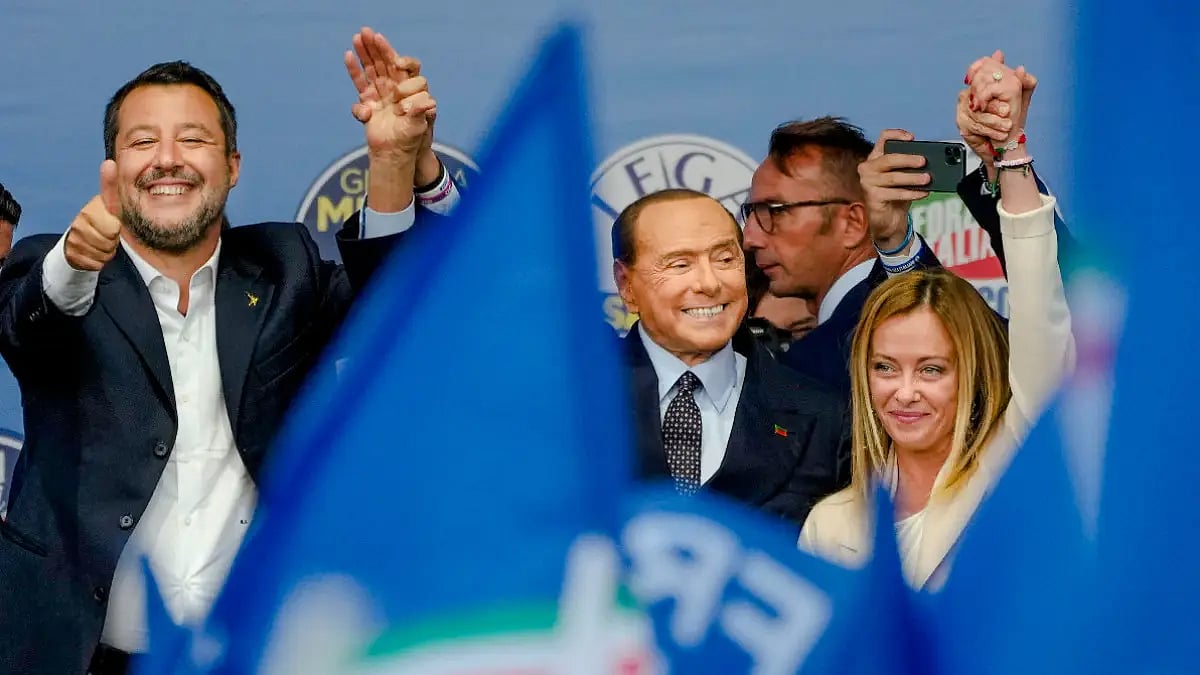 From left, The League's Matteo Salvini, Forza Italia's Silvio Berlusconi, and Brothers of Italy's Gi
