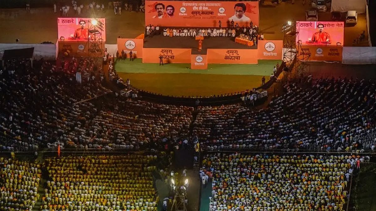Shiv Sena chief Uddhav Thackarey addresses a Dussehra rally at Shivaji Park, in 2019 in Mumbai