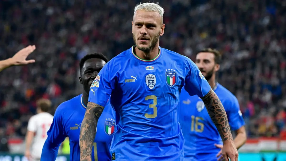 Italy's Federico Dimarco celebrates after scoring against Hungary in UEFA Nations League.
