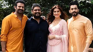 Prabhas, Kriti Sanon, and Sunny Singh with Adipurush director Om Raut