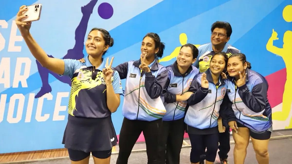 The West Bengal's women's TT team clicks a groupfie after winning National Games 2022 gold.
