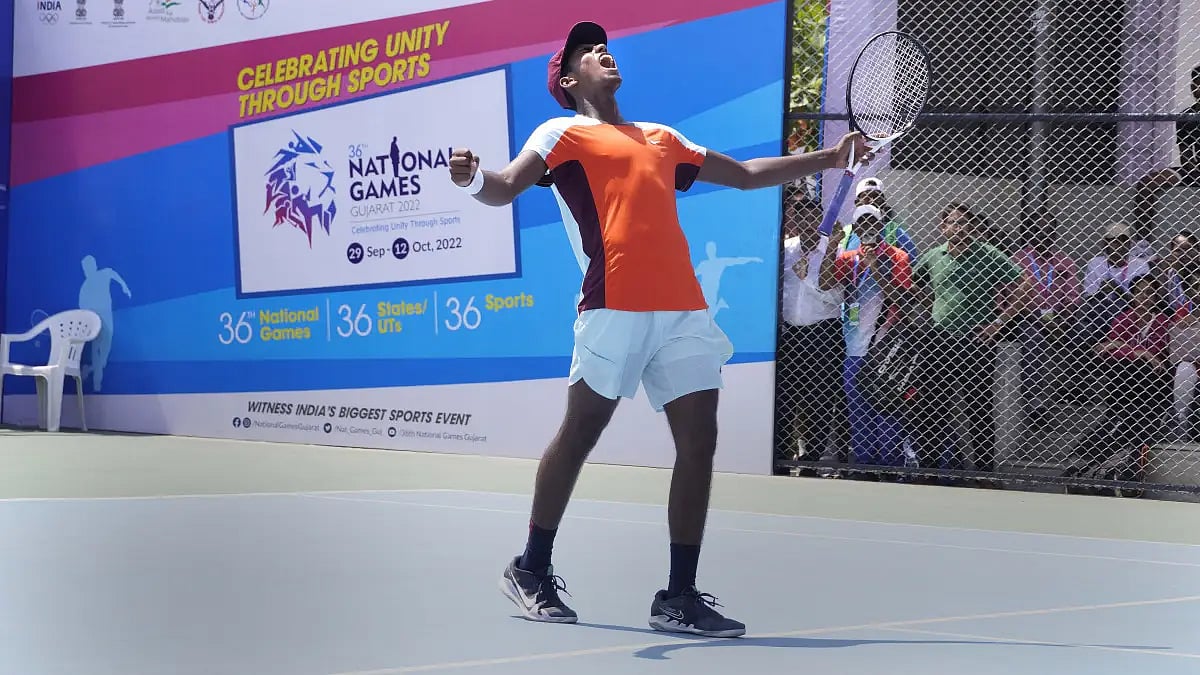 Manas Dhamne, 14, of Maharashtra, exults after a thrilling win over Faisal Qamar.